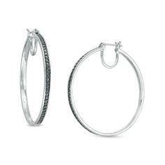 She’ll love the anytime look of these alluring black diamond hoops. Crafted in sterling silver, each hoop features a ribbon of petite enhanced black diamonds along the facing edge. Captivating with 1 ct. t.w. of diamonds and a brilliant buffed luster, these earrings secure with latch backs. Black Diamond Hoop Earrings, Peoples Jewellers, Black Diamonds, Diamond Hoop Earrings, Black Stone, Diamond Stone, Earring Backs, Diamond Clarity, White Metal