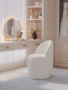 a white chair sitting in front of a mirror on top of a dresser next to a window