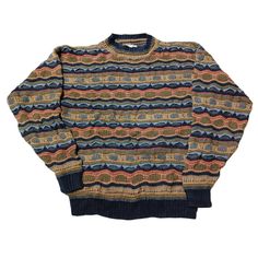 Vintage 90s Coogi Style Crewneck Sweater - Classic Retro Knit Dive into the nostalgia of the 90s with this eye-catching vintage Coogi style crewneck sweater! Inspired by the iconic designs of Coogi Australia, this sweater features the same bold patterns and vibrant colors that defined an era. Perfect for fashion lovers who appreciate unique, statement pieces. Features: Era: 1990s Style: Coogi-inspired Material: High-quality acrylic blend (Soft, warm, and durable) Design: Multicolored, intricate Retro Long-sleeve Winter Sweatshirt, Retro Long Sleeve Sweatshirt For Winter, Retro Long Sleeve Winter Sweatshirt, Patterned Crew Neck Winter Top, Patterned Cotton Crew Neck Sweater, Winter Patterned Crew Neck Top, Casual Patterned Sweater For Winter, Casual Long Sleeve Patterned Sweater, Retro Crew Neck Tops For Winter