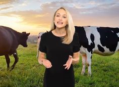 a woman standing in front of two cows on a green field with the sun setting behind her