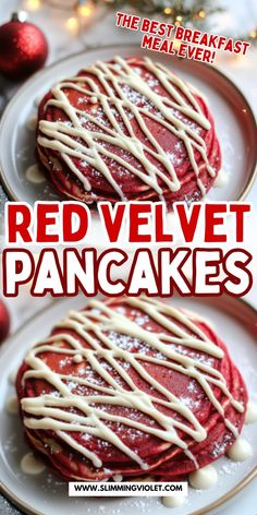 two red velvet pancakes with icing drizzled over them on white plates