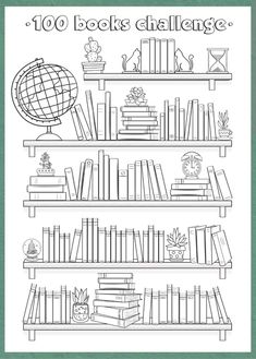 a coloring book with bookshelves full of books and the words 100 books challenge