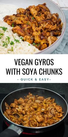 vegan gyros with soya chunks in a skillet