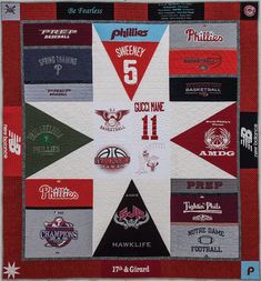 a quilt with the number six on it and other sports related items in red, black, white and blue