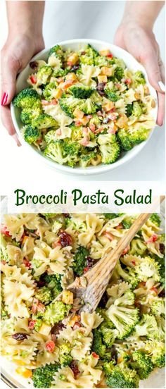 broccoli pasta salad in a white bowl