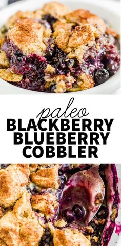 blueberry cobbler in a white bowl with text overlay