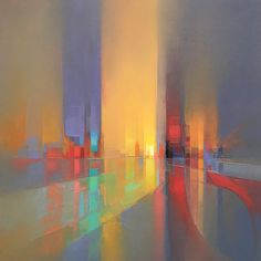 an abstract painting with bright colors on the walls and floor in front of a cityscape