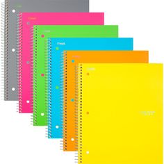 five spiral notebooks lined up in different colors