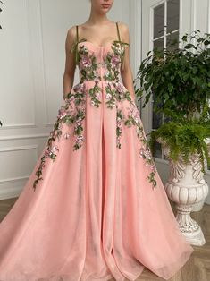 Pink Ivy Whimsical Gown | Teuta Matoshi Teuta Matoshi Dresses, Matoshi Dress, Teuta Matoshi, Special Occasion Gowns, Spaghetti Strap Prom Dress, Gown Prom, Gay Wedding, Ball Gowns Prom, Evening Dresses Prom