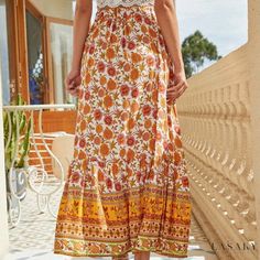 Lasaky - Vintage Red A-Line High-Waisted Skirt with Simple Design and Anti-Slip for Modesty - Knee-Length Midi Skirt Bohemian Skirts, Travel Skirt, Floral Print Midi Skirt, Print Midi Skirt, Bohemian Print, Casual Wedding Dress, Langer Rock, Floral Midi Skirt, Printed Midi Skirt