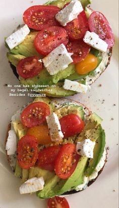 two pieces of bread with tomatoes, cheese and avocado