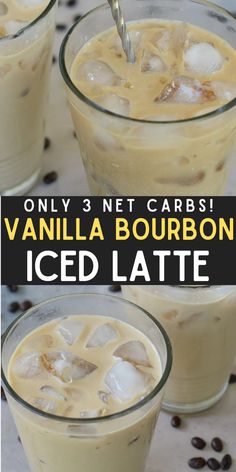 vanilla bourbon iced latte with ice and coffee beans