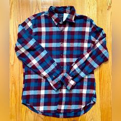 J Crew Flannel Button Down Size: L Fit: Classic Material: Flannel Color: Red, White, Blue Brand New With Tags, Has Never Been Worn Blue Flannel Shirt With Buttons, Blue Buttoned Flannel Shirt, Fall Blue Shirt With Snap Buttons, Blue Shirt With Snap Buttons For Fall, Plaid Button-up Shirt With Button Cuffs, Blue Flannel Shirt With Buttons For Work, Red Button-up Flannel Shirt For Work, Blue Collared Flannel Shirt With Button Closure, Blue Buttoned Flannel Shirt For Work