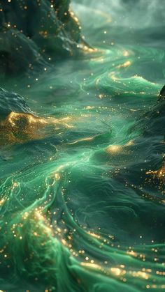 the water is green and gold in this image, it looks like waves are coming out of