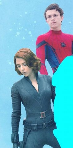 spider - man and black widow standing next to each other in front of a blue background