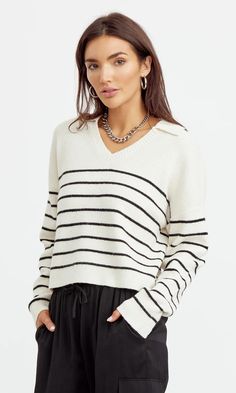 Florence Stripe Sweater Knit | Greylin Collection – Greylin Collection | Women's Luxury Fashion Clothing Fall Striped Collar V-neck Top, Fall V-neck Top With Striped Collar, Casual Striped V-neck Sweater With Long Sleeves, Casual Striped Long Sleeve V-neck Sweater, Casual Striped Polo Sweater For Fall, Striped Knit V-neck Sweater, Casual Spring Sweater With Striped Collar, Tops And Blouses, Luxury Women Fashion