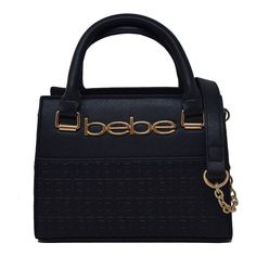 a black handbag with the word bebe written on it and gold hardwares