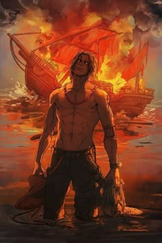 a man standing in the water next to a boat with flames coming out of it