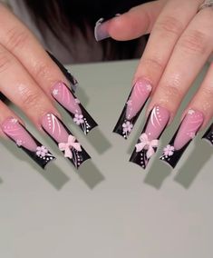 Pink N Black Acrylic Nails, Black French Tip Toes And Nails Set, Black French Tip With Hibiscus Flower, Baddie Black French Tip Nails, Pink And Black Nails With Charms, Black And Pink Flower Nails, Xl French Tip Acrylic Nails, Pink Nails Black French Tip, Pink Base Black French Tip Nails