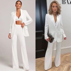 two women in white outfits one is wearing a jacket and the other has a purse