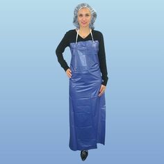 DuraWear® 6 mil Vinyl Aprons  Heavy Duty Protection  Vinyl aprons provide excellent chemical protection and tear resistance. Cleans easily with just a quick swipe. 6 mil thick apron resists oils, chemicals, fats, grease and salt and provides good protection against splatters and saturation. Complies with Federal regulation for food contact. Excellent for food processing tasks. Choose from Blue or White. 35" x 45" size with adjustable neck and back strap fits most. If too long, just give it a trim.    Looking for heavy duty protection against harmful particles and liquids for your employees? Consider using disposable vinyl aprons in your workplace. This vinyl apron is made using 6mil thick fabric. Therefore, it will provide reliable protection against chemicals and other contaminants. The h Trash Bag Dress, Plastic Aprons, Pvc Apron, Disposable Aprons, Medical Fashion, Plastic Mac, Safety Gloves, White Apron, Kitchen Apron