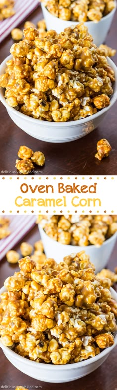 two bowls filled with caramel popcorn on top of a table