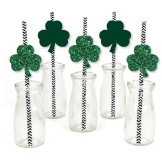 st patrick's day straws with shamrock toppers and black striped straws