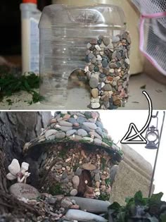 there are two pictures one has a bird house and the other has rocks in it