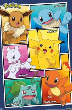 the pokemon poster is shown with different types of pikachu and other pokemons