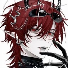 an anime character with red hair and black eyeliners, wearing chains on his head