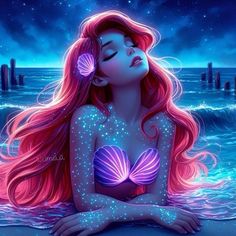 a woman with pink hair sitting in the ocean under a star filled sky and holding her hands on her chest