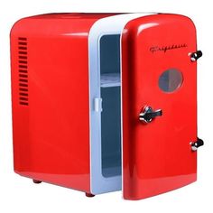 a red and white mini fridge with the door open to show it's contents