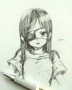 a pencil drawing of a girl with glasses on her face and long hair, standing next to a pen