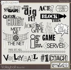 volleyball word art is shown in black and white with the words volleyball written on it