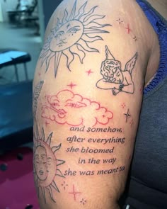 a woman with a tattoo on her arm that says and somehow after everything she bloomed in the way she was meant to be