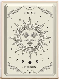 the sun tarot card is shown in black and white