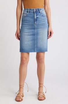 Artistic whiskers and deep sanding create a lived-in aesthetic on a stretch-kissed denim pencil skirt finished with a raw-edge hem. Zip fly with button closure Five-pocket style Unlined 93% cotton, 5% polyester, 2% spandex Machine wash, tumble dry Imported Fitted Denim Pencil Skirt With Frayed Hem, Fitted Pencil Skirt With Frayed Hem, Denim Pencil Skirt With Frayed Hem, Denim Blue Pencil Skirt, Medium Wash Denim Pencil Skirt, Fitted Medium Wash Denim Pencil Skirt, Fitted Medium Wash Pencil Skirt, Jean Pencil Skirt, Jeans Raw Hem