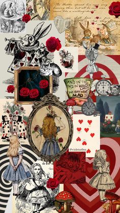 a collage of alice and the wonderlands with red roses, hearts, clocks, pictures