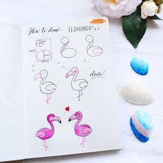 an open notebook with flamingos drawn on it and seashells next to it