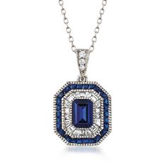 Ross-Simons - 1.80ct t. w. Simulated Sapphire, .52ct t. w. Cubic Zirconia Pendant Necklace. 20". A luxe look for less! Sparkling with 1.80 ct. t. w. simulated sapphires and .52 ct. t. w. baguette and brilliant-cut CZs that travel up the bale. This pendant necklace will have everyone fooled with its gorgeous gemstone lookalikes. Set in polished sterling silver and suspended from a cable chain. Springring clasp, simulated sapphire and CZ pendant necklace. CZ weights are diamond equivalents. Sapphire Necklace Pendants, Jewelry Essentials, Sapphire Pendant, Cz Pendant, Birthstone Pendant, Square Pendant, Sapphire Necklace, Nike Fashion, Fine Jewellery Necklace