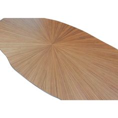 an oval wooden table with wavy lines on the top and bottom, viewed from above