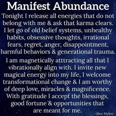 an image with the words manfest abundance written in white and black on blue background