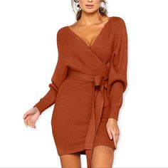 New With Tags. Cherfly Women's V Neck Sweater Dresses Batwing Long Sleeve Backless Bodycon Dress With Belt Color: Burnt Orange Size: Small Fabric Type 65% Cotton, 35% Polyester Care Instructions Hand Wash / Machine Wash Closure Type Pull On Neck Style V-Neckmaterial:Stretchy And Soft Fabric, Comfortable Wear, Great Workmanship,Extremely Flattering For Every Body Type. Features: Pullover Style,Detachable Waist Belt,With V Design In Front And Back,Batwing Long Sleeve,Solid Color, Slim Fit Knitted Bodycon Dress With Belt, Classic Elegant Style, Party Dress For Women, Knitted Sweater Dress, V Design, Backless Bodycon Dresses, Sweater Dresses, Dress With Belt, Knit Sweater Dress