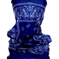 a blue bandana with white designs on it