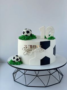 a white and black cake with soccer balls on top