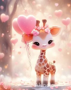 a baby giraffe holding a heart shaped balloon