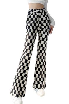 Black and White Checkered Pants for Women Alternative Style Checkered Pants Outfit, Avant Basic, Women Alternative, Aesthetic Pants, Patterned Dress Pants, E Girl Outfits, Basic Fashion, Checkered Pants, Tiktok Outfits