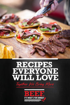 a person cutting up some food on top of a wooden table with the words, recipes everyone will love together we are only more beef