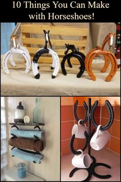 there are four different types of horse shoe holders on the shelf in this collage