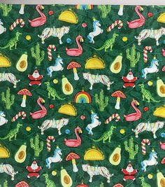 an image of a green fabric with animals and mushrooms on it's surface,